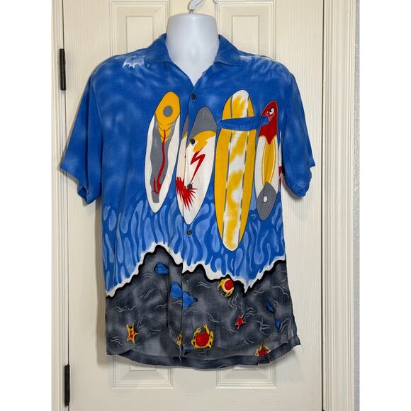 Uluwatu Hawaiian Shirt M Surfboards Rayon Camp Aloha Top Beach Vibes thrashed - Picture 1 of 7